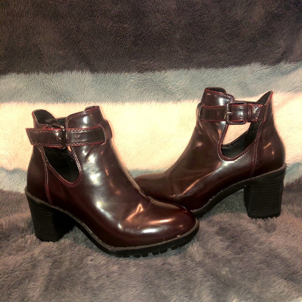 Zara Trafaluc Red Brown Chunky Buckle Ankle Boot